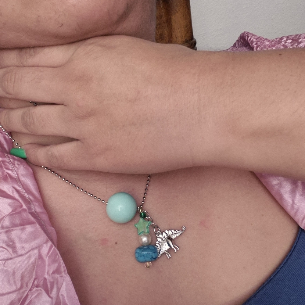 Silver Dinosaur Pendant Necklace with Blue and Green Beads